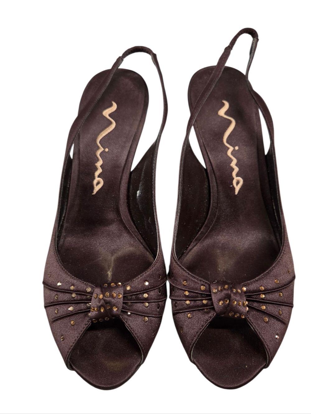 Vintage Nina Size 7.5M Chocolate Satin Peep-Toe Slingback Heels with Studded Bow